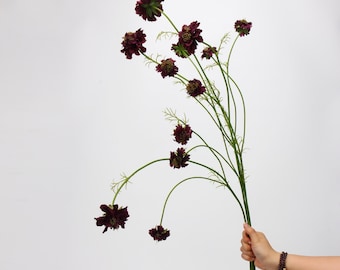 Artificial Scabiosa, Faux Pincushion Flower, Burgundy Yellow Dusty Blue Faux Scabious, Wedding Greenery Floral Arrangement, Home Vase Decor