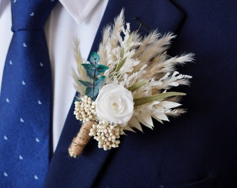 Boutonnière bohème préservée blanche, broche/boutonnière du marié fleurs naturelles de mariage, bouquet de fleurs de mariage, boutonnière épingle de mariage