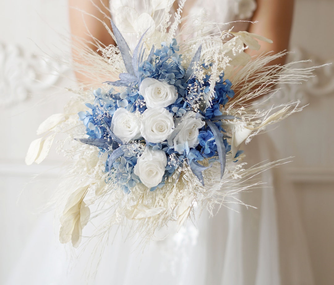 Dusty Blue Dried Flower Bouquet, Blue and Ivory Wedding Flowers –  Flowerholic