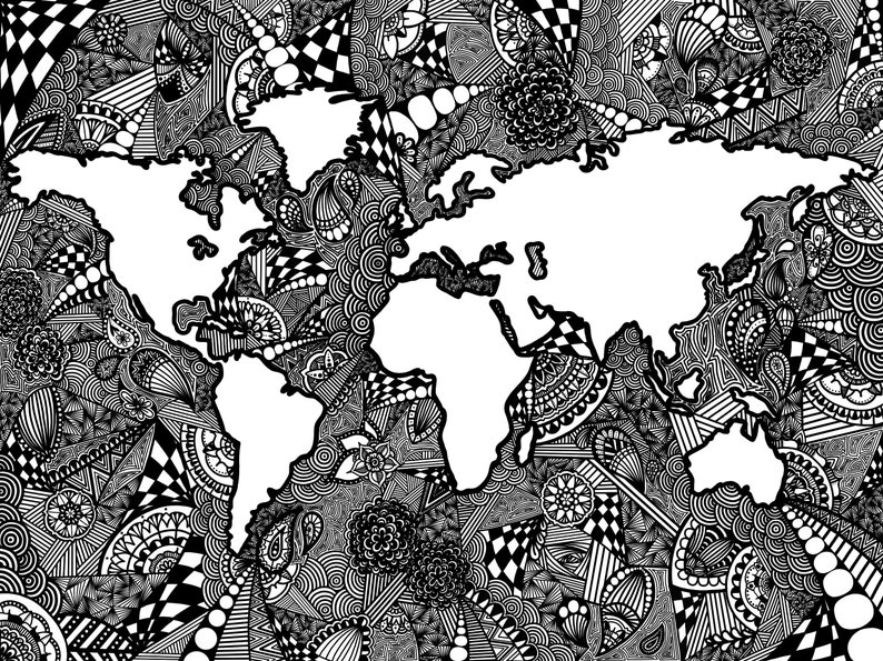 World Map Digital Download Patterned Zentangle - Etsy