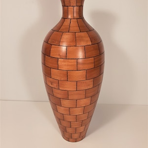 Cherry Wood Vase Segmented BRICKLAID PATTERN 12&quot; Tall Wood Turned on lathe