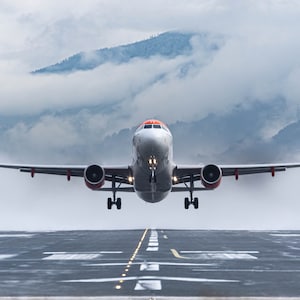 Airplane print, printable photo, aviation photography, aircraft EasyJet airlines Airbus A320, mountains landing, wall art, digital download