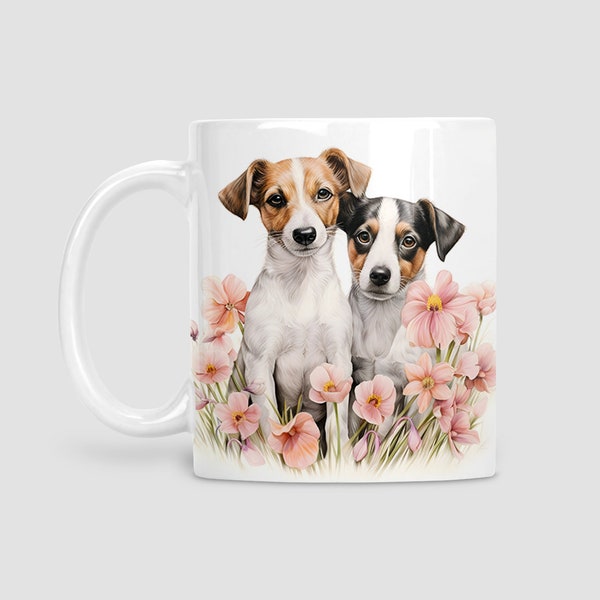 Jack Russell with flowers mug, Jack Russell, Dog lover gift, Jack Russell gift, watercolour mug, gifts, Cup, Gifts for Dog Lovers, Dog Mug