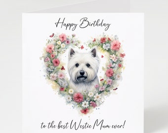 Westie Mum birthday card, Westie Mum, West Highland White Terrier with heart flowers, matching mug and coaster options.