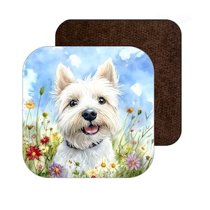 May include: A white West Highland Terrier dog with a happy expression is standing in a field of colourful wildflowers. The dog is looking directly at the viewer. The background is a blue sky with white clouds.