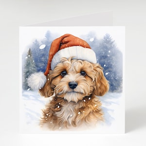 May include: A brown and white dog wearing a red and white Santa hat in a snowy winter scene.