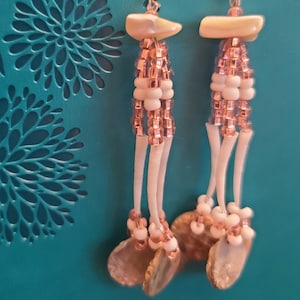Beaded earrings with mother pearl and dentalium shell and abalone disc
