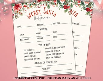 Secret Santa Questionnaire, Secret Santa Gift Exchange Questionnaire PDF, Christmas Wish List, Company Gift Exchange, School Gift Exchange