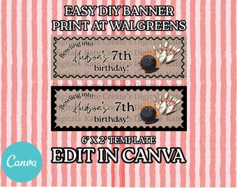 Banner de cumpleaños con temática de bolos, plantilla editable de Canva, impresión de Walgreens (descarga digital)