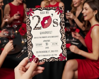 Kissing My 20's Goodbye Invite, Cheetah 30th Birthday Invitation, Leopard Birthday Invitation, Red Bow Coquette Birthday, Lips 30th Bday
