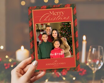 Christmas Card Template - Vintage Plaid Christmas Card, Family Photo Happy Holidays Card, Editable Christmas Card Template, Red and Gold