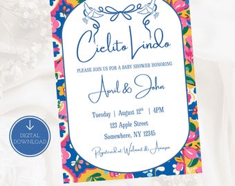 Blue Cielito Lindo Talavera Baby Shower Invitation: Mexican Fiesta Papel Picado Theme, Canva Template