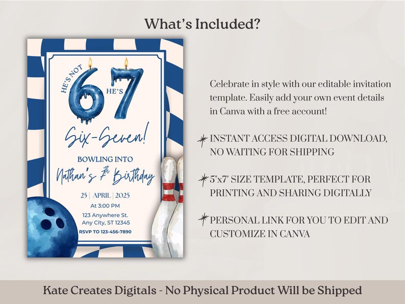 Bowling Birthday Invitation, Boys 67 Birthday Party, Six Seven 7th Birthday Invitation, Bowling Party Invite, Six Seven Meme, Dark Blue