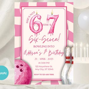Bowling Birthday Invitation, Girls 67 Birthday Party, Six Seven 7th Birthday Invitation, Bowling Party Invite, Six Seven Meme, Preppy Pink