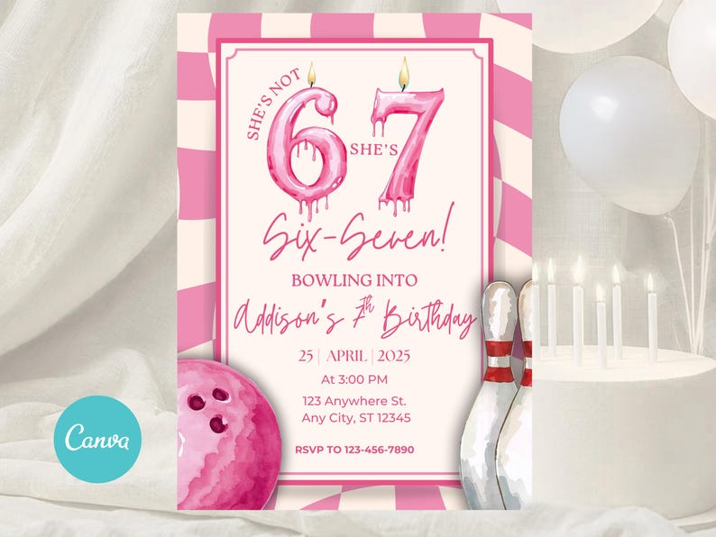 Bowling Birthday Invitation, Girls 67 Birthday Party, Six Seven 7th Birthday Invitation, Bowling Party Invite, Six Seven Meme, Preppy Pink