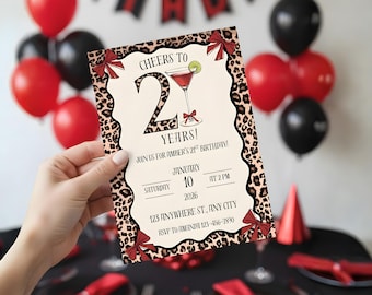 21st Birthday Invitation, Cheetah Birthday Invitation, Leopard Birthday Invitation, Red Bow Coquette Birthday, Coquette Martini Girls Bday