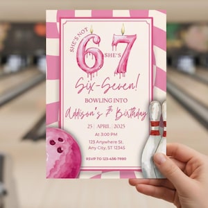 Bowling Birthday Invitation, Girls 67 Birthday Party, Six Seven 7th Birthday Invitation, Bowling Party Invite, Six Seven Meme, Preppy Pink