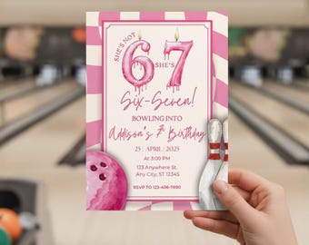 Bowling Birthday Invitation, Girls 67 Birthday Party, Six Seven 7th Birthday Invitation, Bowling Party Invite, Six Seven Meme, Preppy Pink