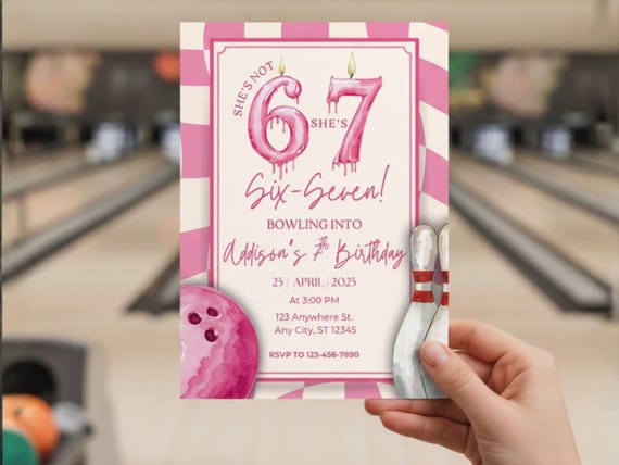 Bowling Birthday Invitation, Girls 67 Birthday Party, Six Seven 7th Birthday Invitation, Bowling Party Invite, Six Seven Meme, Preppy Pink