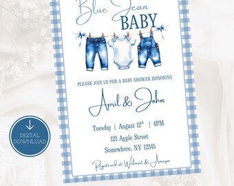 Blue Jean Baby Baby Shower Invitation for boy Denim Baby Shower Invite Sprinkle Baby Shower Decor Digital Invitation Canva