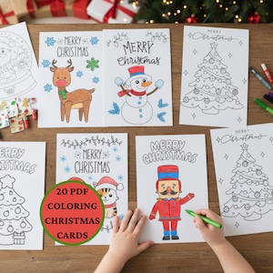 Kids Christmas Cards, 20 Printable Coloring Page Christmas Card Kit, Christmas Card Bundle for Kids, Printable Coloring Holiday Cards