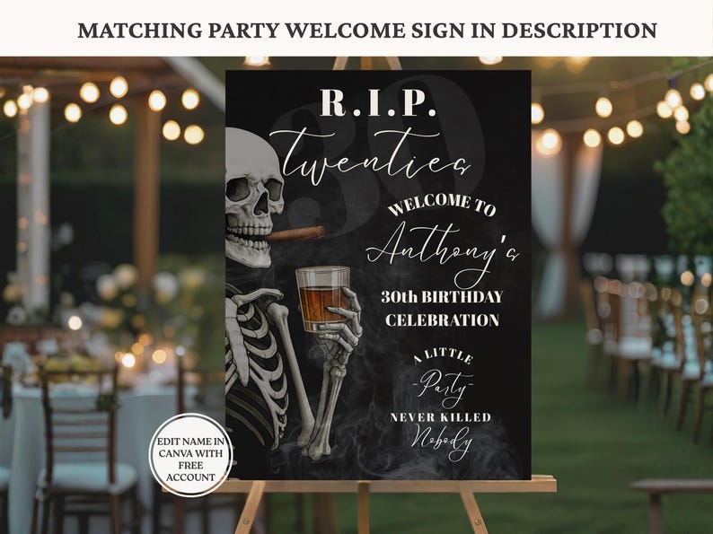 RIP Twenties Men's 30th Birthday Invitation, RIP Youth, Death to his 20s Invite, Men's Whiskey 30th Death to My Youth Party, Canva Template