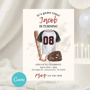 May include: A baseball-themed birthday invitation with a jersey numbered 08, a bat, a baseball, and a glove. The invitation reads "It's game time! Jacob is turning" and includes RSVP details. The design is in a watercolour style.