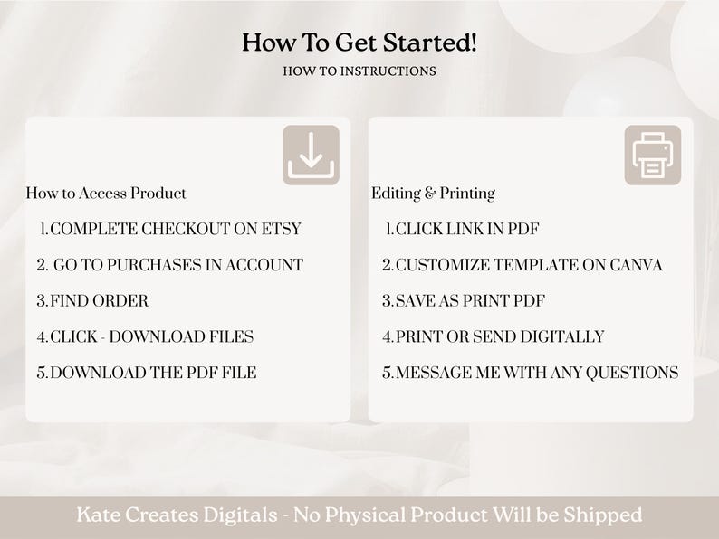 May include: A digital product guide titled "How To Get Started!" with instructions on accessing and editing a product. The guide includes steps for Etsy checkout, downloading files, and customizing templates on Canva. The text is in black on a white background.