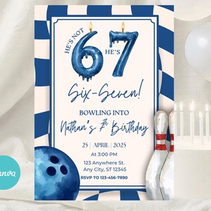Bowling Birthday Invitation, Boys 67 Birthday Party, Six Seven 7th Birthday Invitation, Bowling Party Invite, Six Seven Meme, Dark Blue