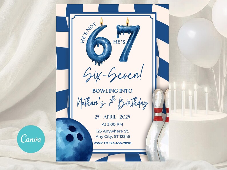 Bowling Birthday Invitation, Boys 67 Birthday Party, Six Seven 7th Birthday Invitation, Bowling Party Invite, Six Seven Meme, Dark Blue