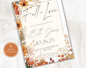 Fall in Love Bridal Shower Invitation, Boho Autumn Wildflower Wedding Invite, Fall Floral Brunch for Bride-To-Be, Falling in Love Wedding