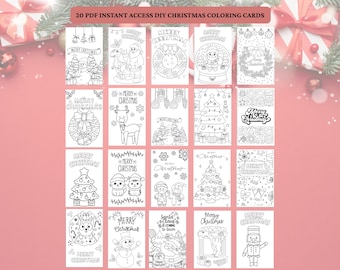 Kinder Weihnachtskarten, 20 druckbare Weihnachtskarten Kit, Weihnachtskarten Bundle für Kinder, druckbare Weihnachtskarten zum Ausmalen