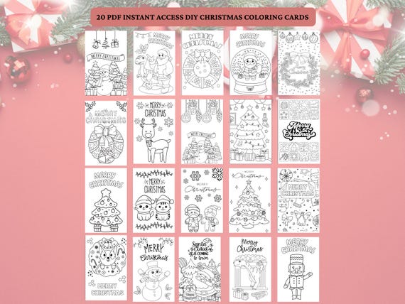 Kids Christmas Cards, 20 Printable Coloring Page Christmas Card Kit, Christmas Card Bundle for Kids, Printable Coloring Holiday Cards