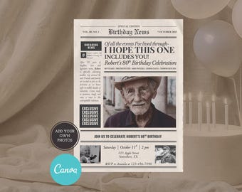80th Birthday Invitation with Photo, Invite for Men or Women, 80th Birthday Party Vintage Newspaper with Photo, Surprise 80th Birthday, 1945