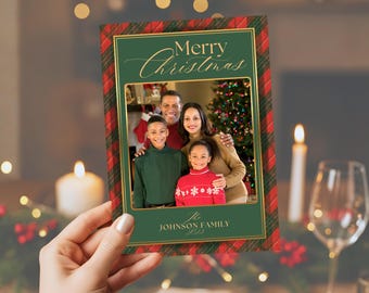 Christmas Card Template - Vintage Plaid Christmas Card, Family Photo Happy Holidays Card, Christmas Card Editable Canva Template