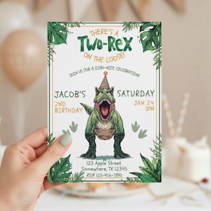 May include: A birthday invitation with a green dinosaur illustration and the text "There's a Two-Rex on the Loose!" The invitation includes details for Jacob's 2nd birthday, Saturday, Jan 24, 3 PM, and an RSVP number.