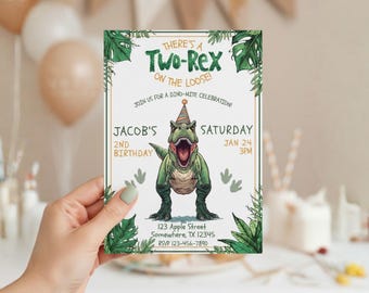 Dinosaur 2nd Birthday Invitation, Editable T-Rex Second Birthday Dinosaur Invite, Printable Two-Rex On The Loose 5x7 Template