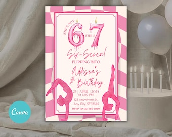 Gymnastics Birthday Invitation, Girls Six-Seven Party Invite (Editable Canva Template)