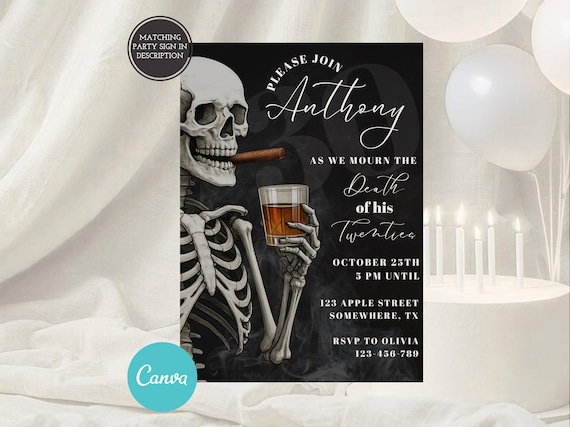 RIP 20’s - Men's 30th Birthday Invitation, RIP Youth, Death to his 20s Invite, Men's Whiskey 30th Death to My Youth Party, Template m20s