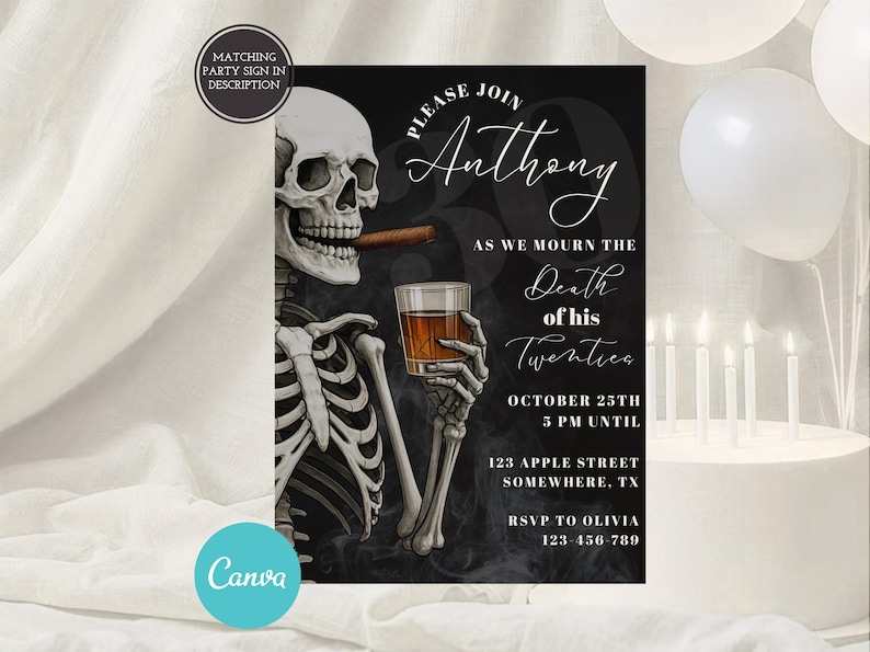 RIP Twenties Men's 30th Birthday Invitation, RIP Youth, Death to his 20s Invite, Men's Whiskey 30th Death to My Youth Party, Canva Template