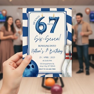 Bowling Birthday Invitation, Boys 67 Birthday Party, Six Seven 7th Birthday Invitation, Bowling Party Invite, Six Seven Meme, Dark Blue