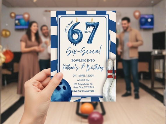 Bowling Birthday Invitation, Boys 67 Birthday Party, Six Seven 7th Birthday Invitation, Bowling Party Invite, Six Seven Meme, Dark Blue