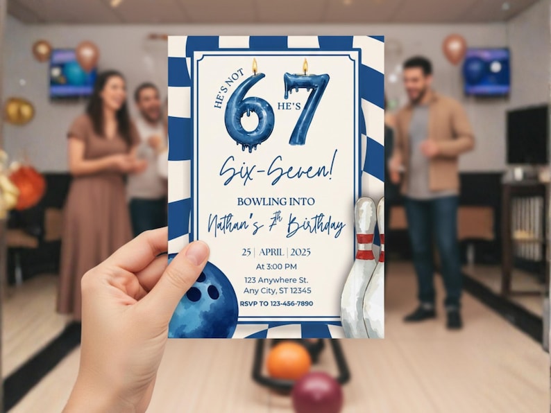 Bowling Birthday Invitation, Boys 67 Birthday Party, Six Seven 7th Birthday Invitation, Bowling Party Invite, Six Seven Meme, Dark Blue