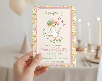 One Silly Goose Invitation, One Silly Goose Birthday Party Theme Invite, Girls First Birthday Party Invitation, 1st Birthday Goose, Pink
