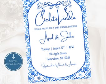 Blue Cielito Lindo Baby Shower Invitation Card, Template For Girl, Editable Mexican Theme Baby Shower Invite, Papel Picado Invitation Canva