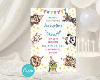 Invitación "Llamando a todos los animales de fiesta", invitación de cumpleaños para niños con animales de fiesta, lindos animales con sombreros de cumpleaños, editable en Canva, fiesta de cumpleaños