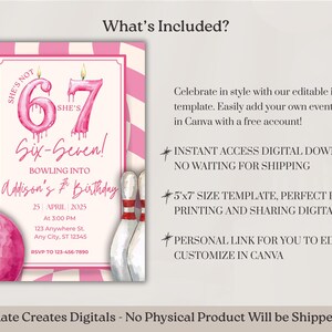 Bowling Birthday Invitation, Girls 67 Birthday Party, Six Seven 7th Birthday Invitation, Bowling Party Invite, Six Seven Meme, Preppy Pink