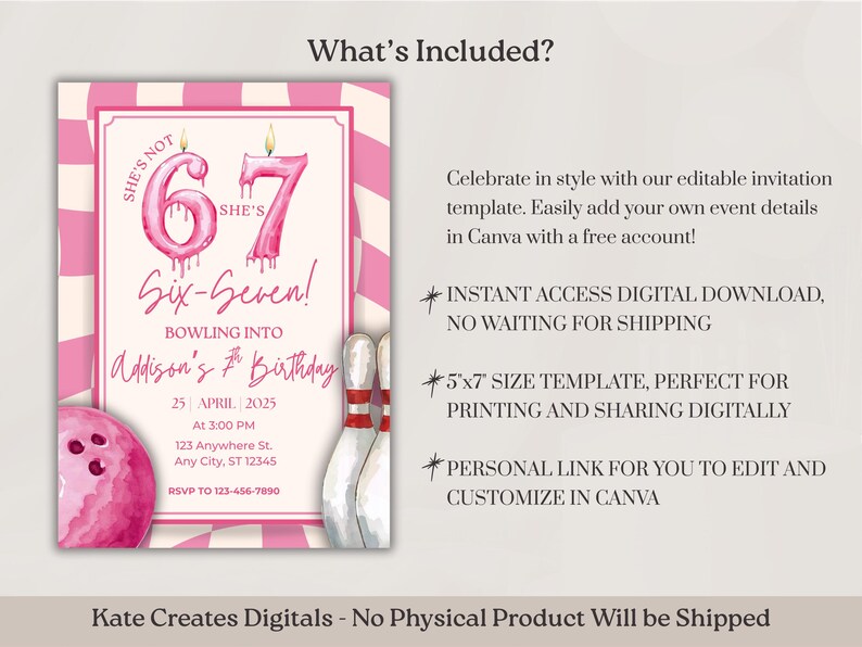 Bowling Birthday Invitation, Girls 67 Birthday Party, Six Seven 7th Birthday Invitation, Bowling Party Invite, Six Seven Meme, Preppy Pink