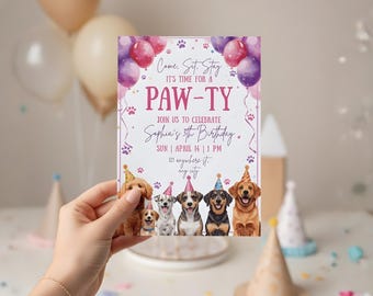 Puppy Dog Birthday Invitation, Time to Paw-ty Girls Birthday Invitation, Let’s Pawty, Calling All Party Animals, Puppy Party Invite