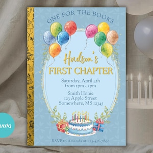 Może przedstawiać: Jasnoniebieskie zaproszenie urodzinowe z tekstem "ONE FOR THE BOOKS" i "Hudson's FIRST CHAPTER". Zaproszenie zawiera kolorowe balony, tort i pudełka z prezentami. Logo Canva znajduje się w lewym dolnym rogu.